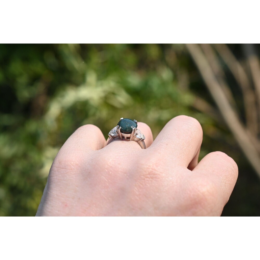 Green Agate Cabochon Ring with Raw Quartz - Sterling Silver Size 6.5 - Picture 4 of 4